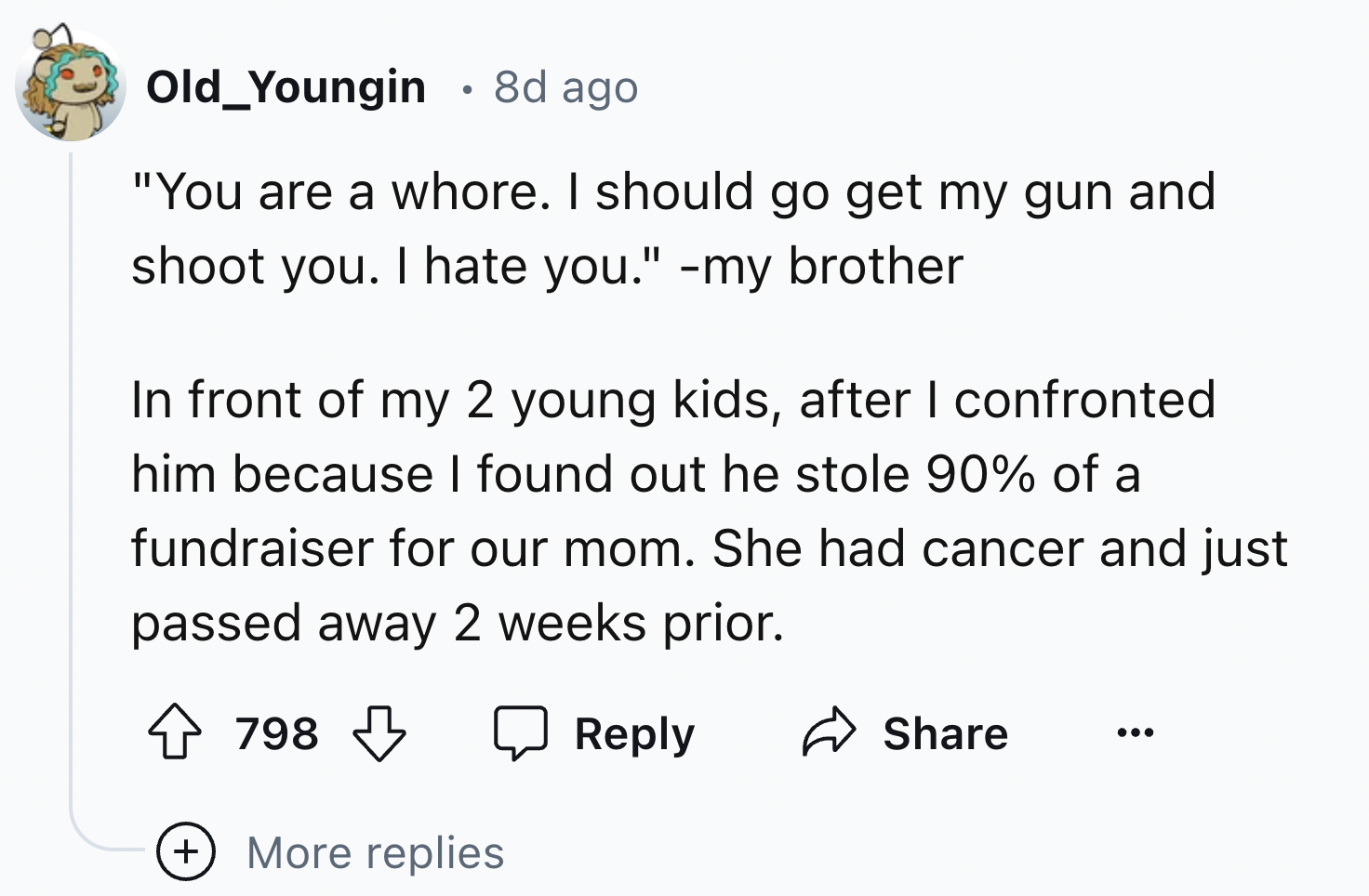 screenshot - Old Youngin 8d ago "You are a whore. I should go get my gun and shoot you. I hate you." my brother In front of my 2 young kids, after I confronted him because I found out he stole 90% of a fundraiser for our mom. She had cancer and just passe